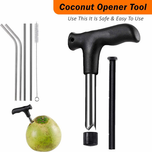 Coconut Opener Tool With 4 Reusable Steel Straws